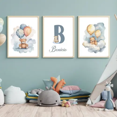 Quadro Urso Personalizado com Nome do Bebê Moldura e Vidro