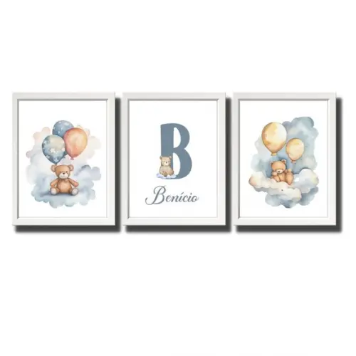 Quadro Urso Personalizado com Nome do Bebê Moldura e Vidro