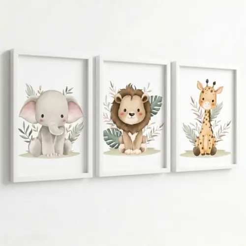 Quadros Animais da Selva Infantil Moldura com Vidro 33x43 cm