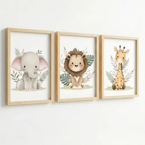 Quadros Animais da Selva Infantil Moldura com Vidro 33x43 cm