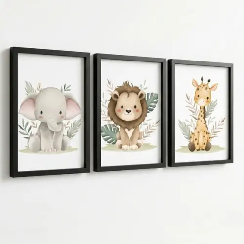 Quadros Animais da Selva Infantil Moldura com Vidro 33x43 cm