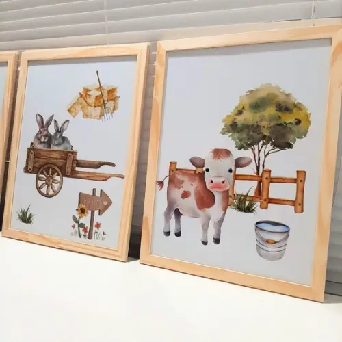 Quadros Decorativos Fazendinha Burrinho Vaca Aquarela 33x43