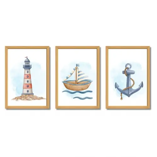 Quadros Decorativos Náuticos Kit 3 Parede Bebê com Vidro