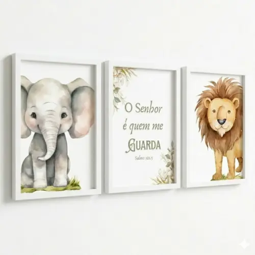 Quadros Decorativos Safari Leão Elefante Aquarela com Vidro