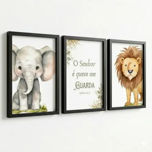 Quadros Decorativos Safari Leão Elefante Aquarela com Vidro
