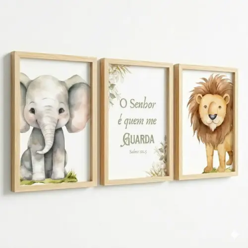 Quadros Decorativos Safari Leão Elefante Aquarela com Vidro