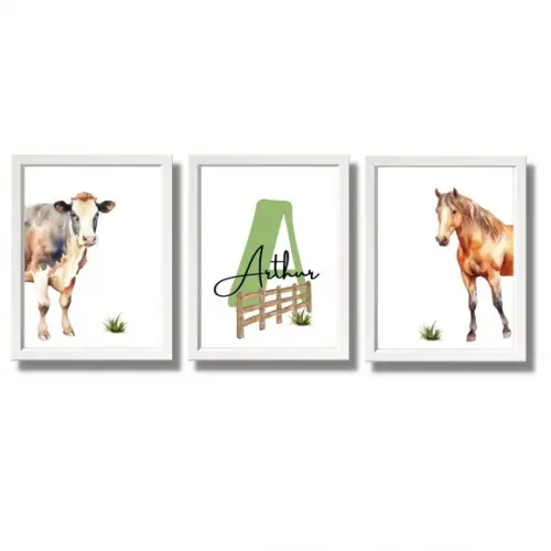 Quadros Fazendinha Personalizáveis | Kit 3 Peças com Vidro