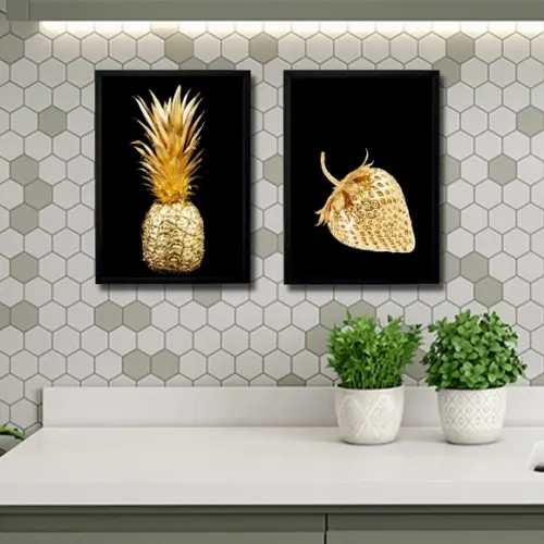 Quadros Grande para Cozinha com Moldura e Vidro Preto Frutas