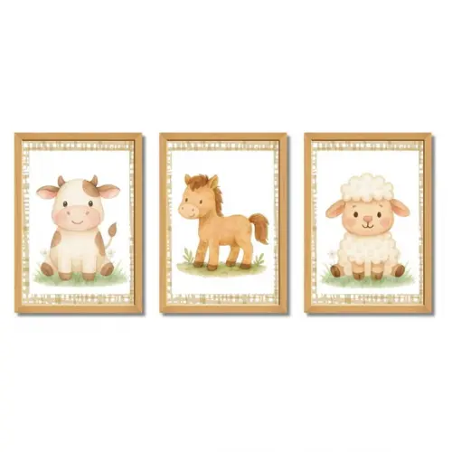 Quadros Infantil Fazendinha Aquarela Bichinhos com Vidro