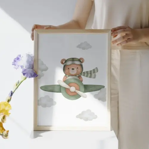 Quadros Infantil Urso Aviador Verde com Nome da Criança