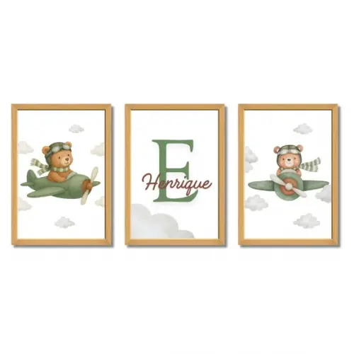Quadros Infantil Urso Aviador Verde com Nome da Criança