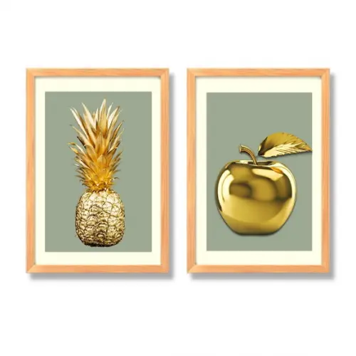 Quadros para Cozinha Moderna Abacaxi e Maçã Dourado 33x43 cm