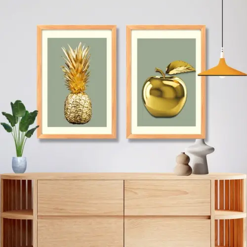 Quadros para Cozinha Moderna Abacaxi e Maçã Dourado 33x43 cm