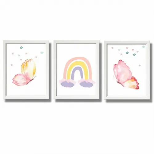 Quadros para Quarto de Bebe Menina Borboleta Arco Ires 33x43