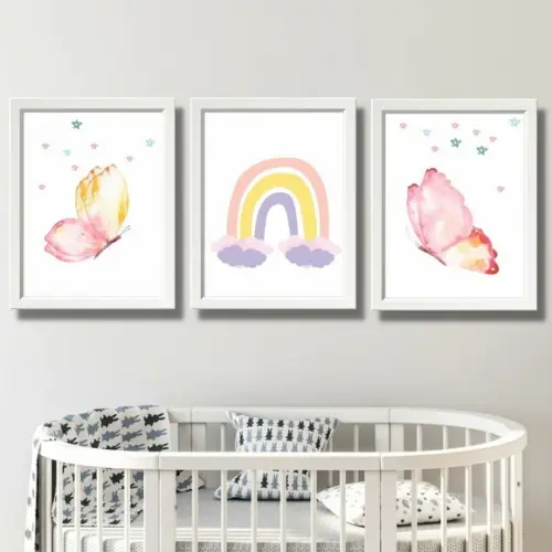 Quadros para Quarto de Bebe Menina Borboleta Arco Ires 33x43