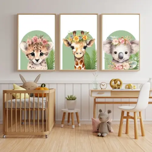 Quadros para Quarto de Menina Animais com Flor Safari 33x43