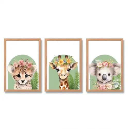 Quadros para Quarto de Menina Animais com Flor Safari 33x43