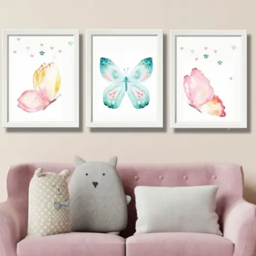 quadros para quarto de menina borboletas moldura branca/vidr