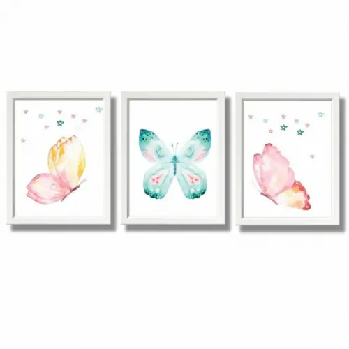 quadros para quarto de menina borboletas moldura branca/vidr