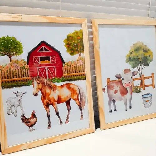 Quadros para Quarto Infantil Fazenda Cavalo Aquarela 33x43cm