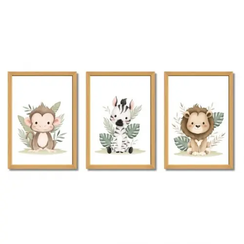 Quadros Safari Animais | Decoração Quarto de Bebê com Vidro