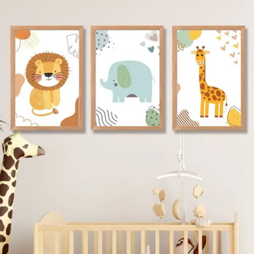 Quadros Safari Baby Quarto Infantil Leão Elefante 33x43 cm