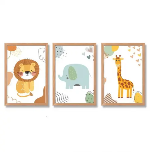 Quadros Safari Baby Quarto Infantil Leão Elefante 33x43 cm
