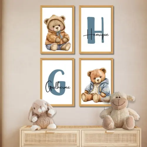 Quadros Ursinho Azul Personalizado | Decoração Quarto Bebê