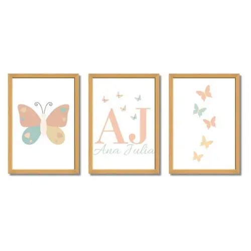 Trio Quadros Borboleta com Nome Quarto Menina Moldura/vidro