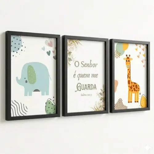 Trio Quadros Infantis Animais Frase Bíblica Moldura e Vidro