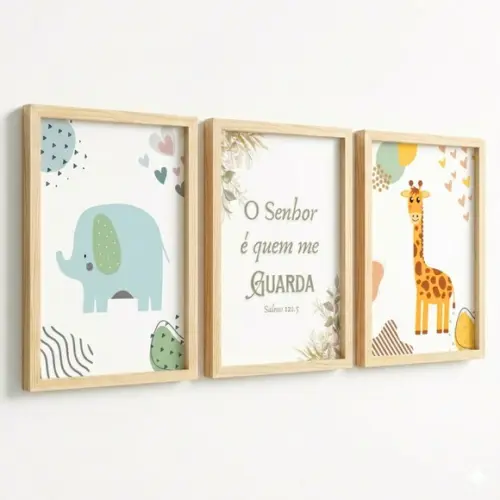 Trio Quadros Infantis Animais Frase Bíblica Moldura e Vidro