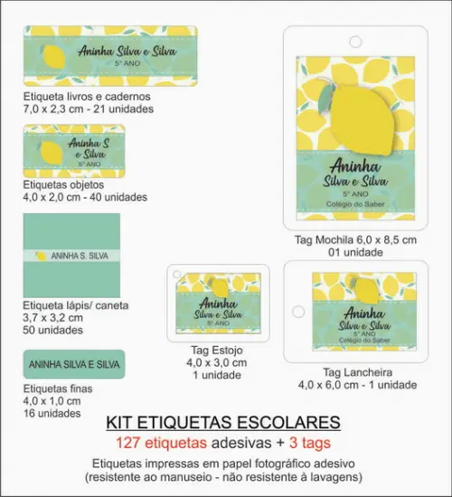 Kit Etiquetas Escolares (127 Etiquetas e 3 Tags) - Limão