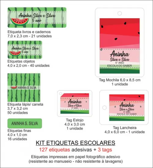 Kit Etiquetas Escolares (127 Etiquetas e 3 Tags) - Melancia