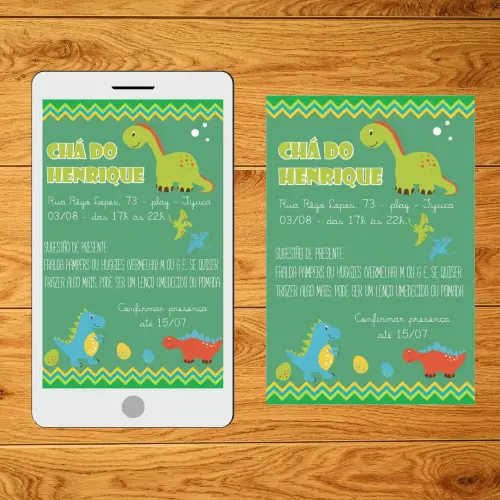 Convite digital chá de bebê dinossauro