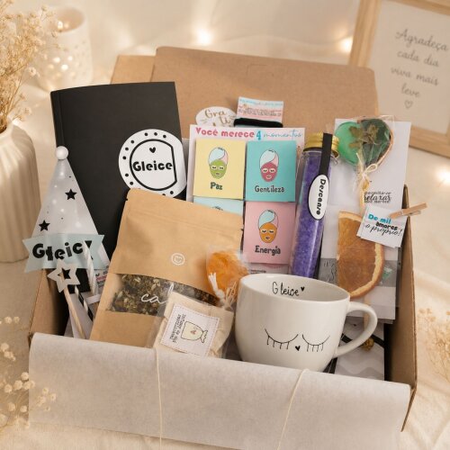 Kit Autocuidado Feminino Personalizado Presente Criativo com Caneca Chá Spa Relaxamento Branco