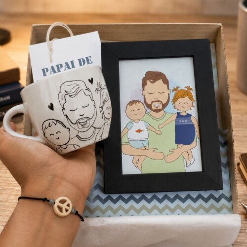 Presente Personalizado para Dia dos Pais com Caneca, Porta-Retrato e Ilustração Feita à Mão