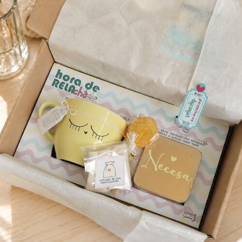 Kit Presente Relaxante Personalizado com Xícara, Chá Antiestresse Zero Açúcar, Criativo cor Amarela - Pronta entrega