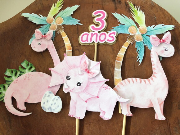 Topo de Bolo Dino Menina Luxo 6 Elementos