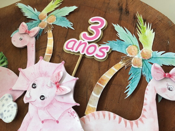 Topo de Bolo Dino Menina Luxo 6 Elementos
