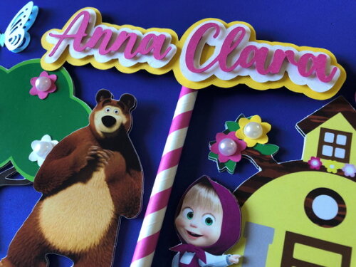 Topo de Bolo Mascha e o Urso Luxo 18 Elementos