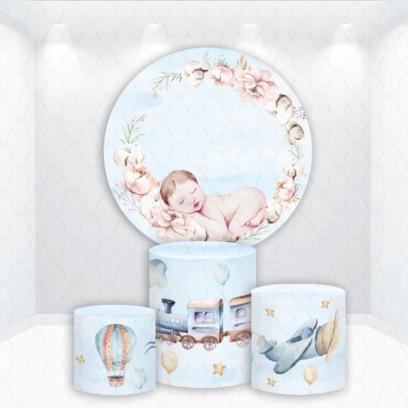Painel Redondo + Kit Capas de Cilindros Chá de Bebê Menino
