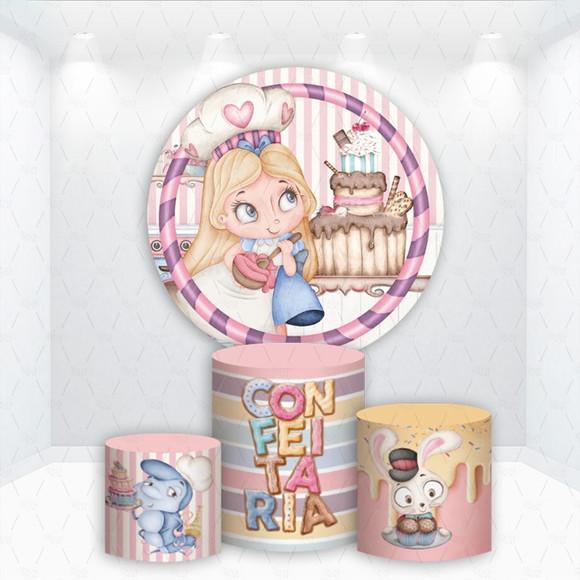 Painel Redondo + Kit Capas de Cilindros Confeitaria Alice
