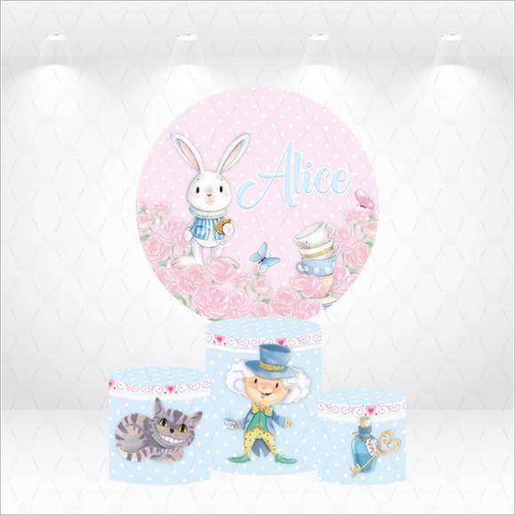 Painel Redondo + Kit de Capas de Cilindros Alice com Nome