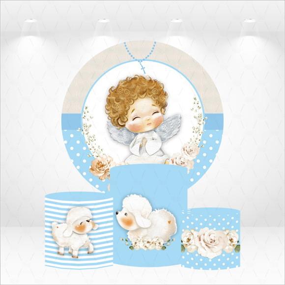 Painel Redondo + Kit de Capas de Cilindros Anjo Batizado