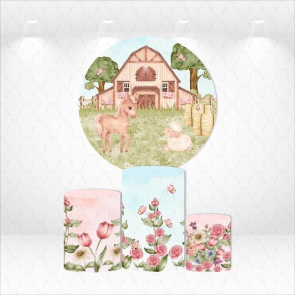 Painel Redondo + Kit De Capas De Cilindros Fazendinha