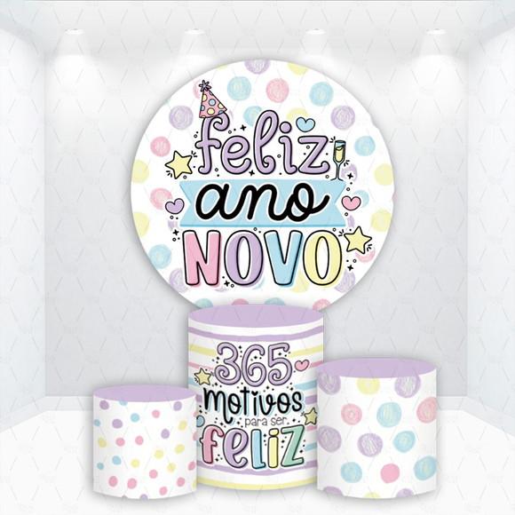 Painel Redondo + Kit de Capas de Cilindros Feliz Ano Novo