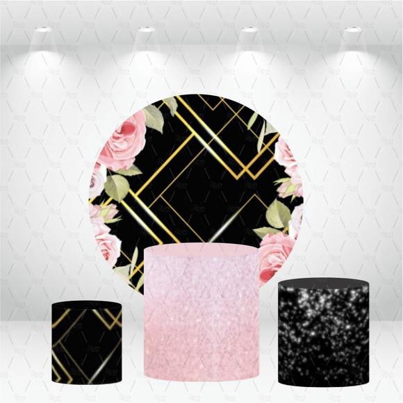 PAINEL REDONDO + KIT DE CAPAS DE CILINDROS FLORAL DOURADO