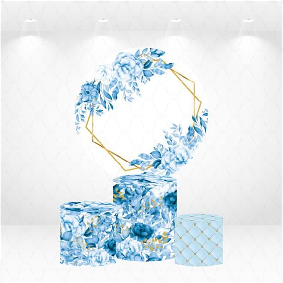 Painel Redondo + Kit de Capas de Cilindros Floral Azul