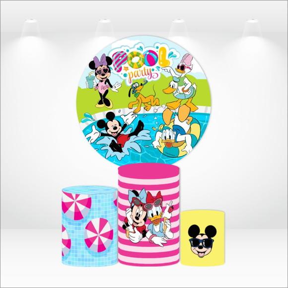 Painel Redondo + Kit de Capas de Cilindros Mickey Pool Party