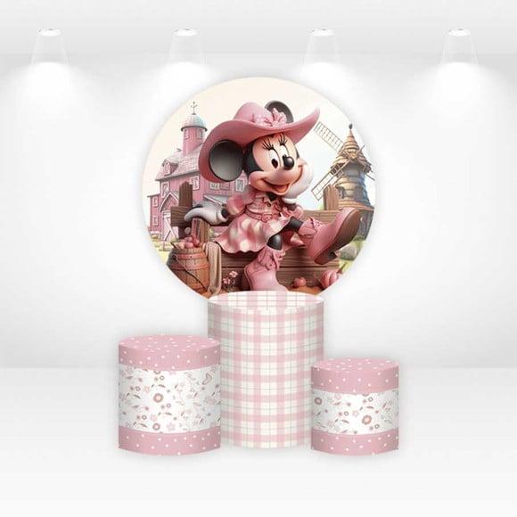 Painel Redondo + Kit de Capas de Cilindros Minnie Fazendinha